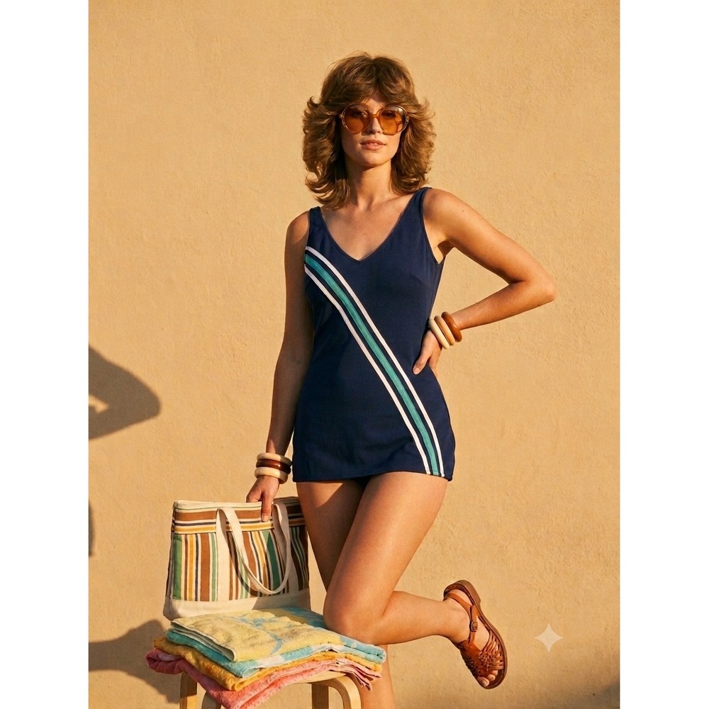 Vintage 70s Robby Len Navy Blue Striped One Piece Swimsuit Swim Dress NWT L/XL